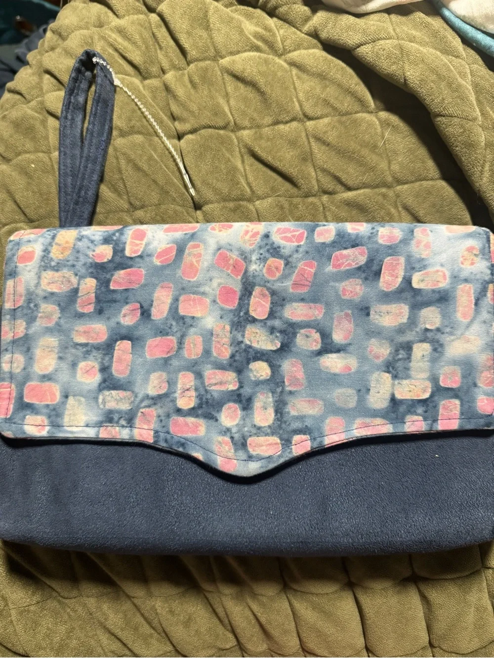 Blue Suede Wristlet Clutch - Blue and Pink